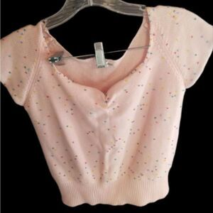 S Pink vintage? knit sweater with heart neckline and tiny multicolored beading